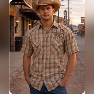 Demand Western brown plaid short sleeves shirt Size M button up casual